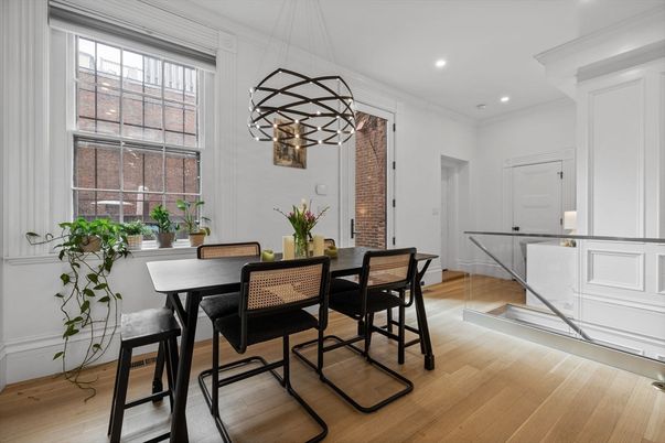 Dining room, Interior, Pendant Lights, Recessed Lighting, Wood Texture Flooring