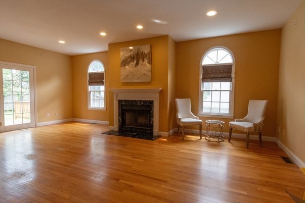 Empty room, Fireplace, Interior, Recessed Lighting, Wood Texture Flooring