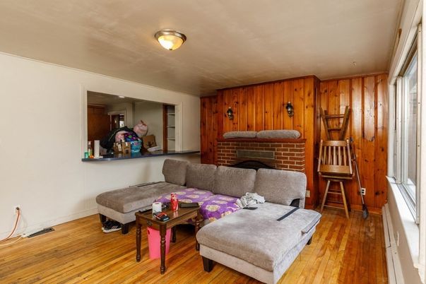 Fireplace, Interior, Living room, Wood Texture Flooring, Wooden Walls
