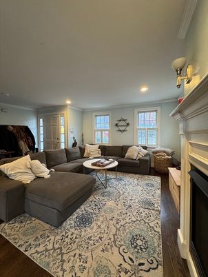 Fireplace, Interior, Living room, Recessed Lighting, Wood Texture Flooring