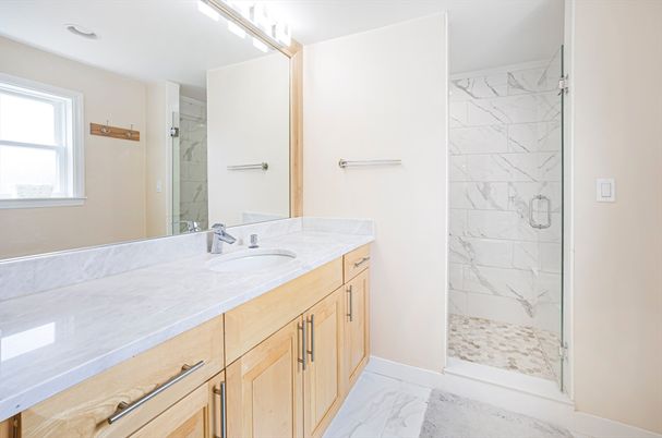 Bathroom, Dual Sink Vanities, Glass Shower, Interior, Marble, Marble Walls