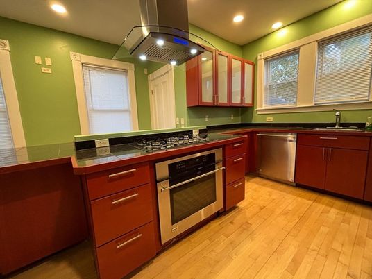 Interior, Kitchen, Recessed Lighting, Stainless Steel Appliances, Wood Texture Flooring