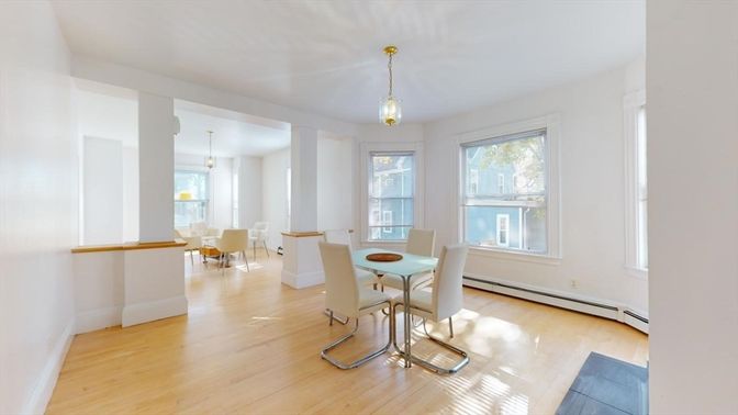 Dining room, Interior, Pendant Lights, Wood Texture Flooring