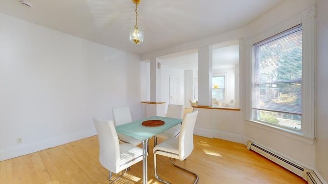 Dining room, Interior, Pendant Lights, Wood Texture Flooring