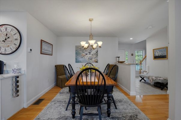 Chandelier, Dining room, Interior, Recessed Lighting, Wood Texture Flooring