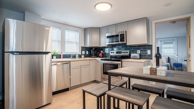 Interior, Kitchen, Recessed Lighting, Stainless Steel Appliances, Wood Texture Flooring