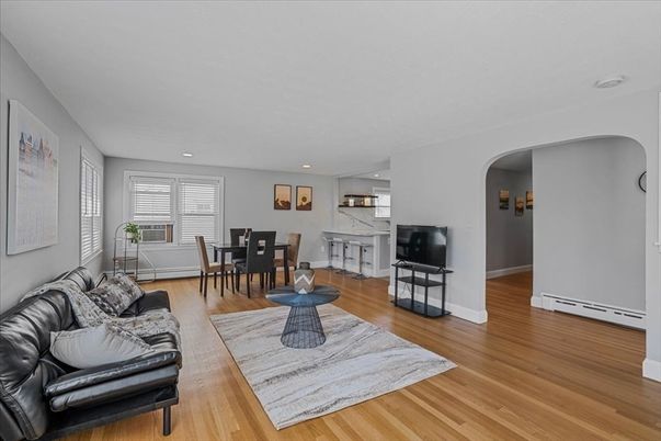 Dining room, Interior, Living room, Recessed Lighting, Wood Texture Flooring