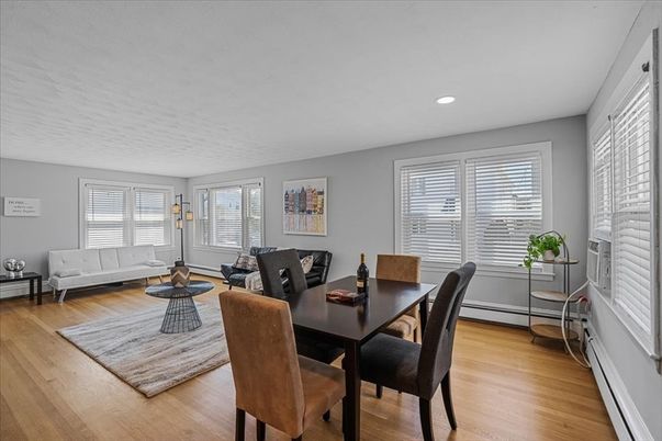 Dining room, Interior, Living room, Recessed Lighting, Wood Texture Flooring
