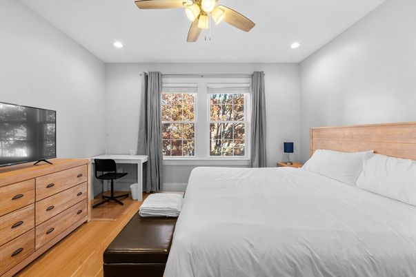 Bedroom, Interior, Recessed Lighting, Wood Texture Flooring