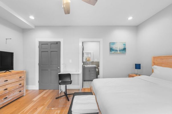Bedroom, Interior, Recessed Lighting, Wood Texture Flooring