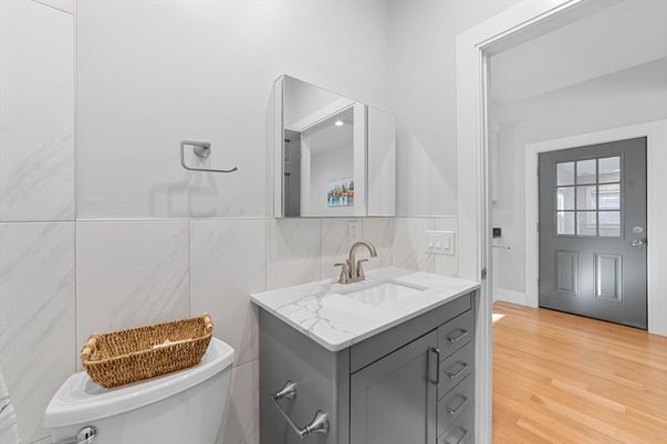 Bathroom, Interior, Marble Walls, Wood Texture Flooring