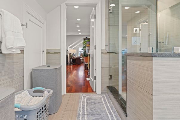 Bathroom, Glass Shower, Interior, Recessed Lighting, Wood Texture Flooring