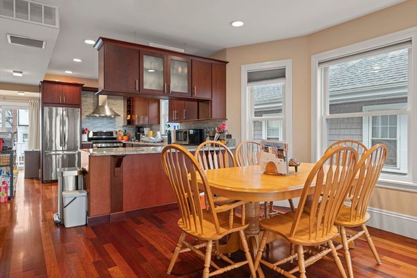 Dining room, Interior, Kitchen, Recessed Lighting, Stainless Steel Appliances, Wood Texture Flooring