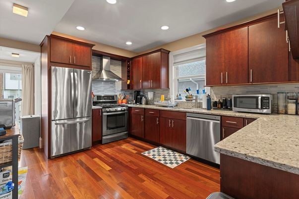 Interior, Kitchen, Recessed Lighting, Stainless Steel Appliances, Wood Texture Flooring