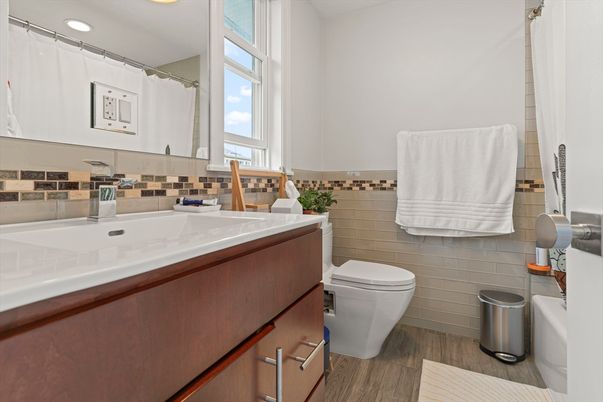 Bathroom, Interior, Recessed Lighting, Wood Texture Flooring