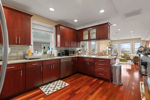 Interior, Kitchen, Living room, Recessed Lighting, Stainless Steel Appliances, Wood Texture Flooring