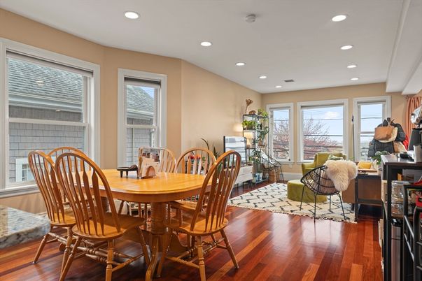 Dining room, Interior, Recessed Lighting, Wood Texture Flooring