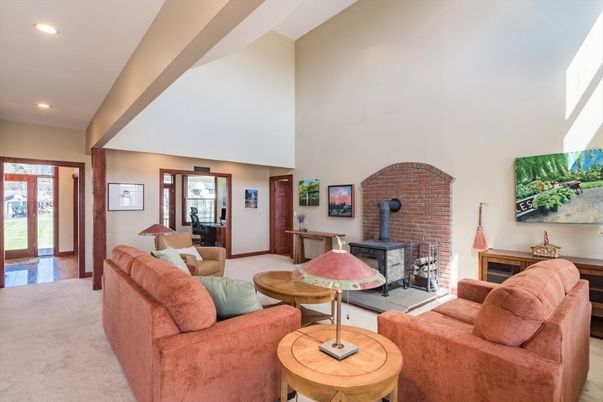 Fireplace, Interior, Living room, Recessed Lighting, Stone Walls