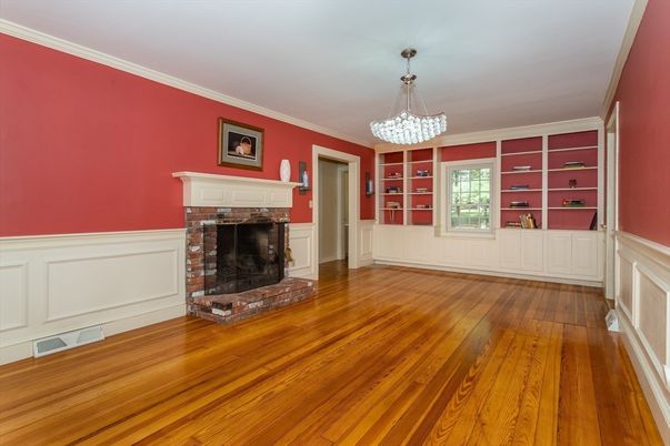 Chandelier, Empty room, Fireplace, Interior, Wood Texture Flooring