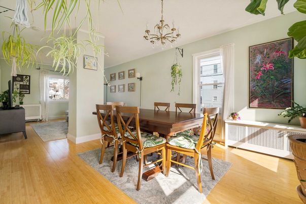 Dining room, Interior, Pendant Lights, Wood Texture Flooring