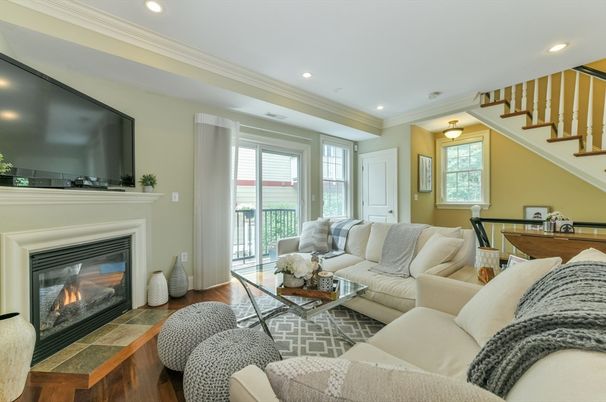 Fireplace, Interior, Living room, Recessed Lighting, Wood Texture Flooring