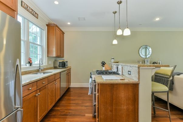 Interior, Kitchen, Pendant Lights, Recessed Lighting, Stainless Steel Appliances, Wood Texture Flooring