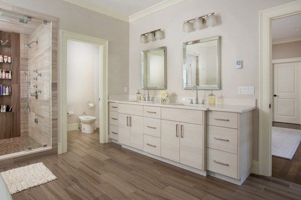 Bathroom, Dual Sink Vanities, Glass Shower, Interior, Wood Texture Flooring