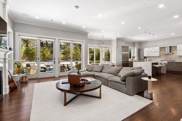 Fireplace, Interior, Kitchen, Living room, Pendant Lights, Recessed Lighting, Stainless Steel Appliances, Wood Texture Flooring