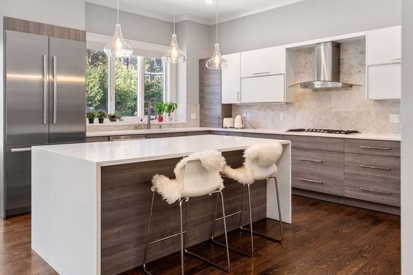 Interior, Kitchen, Pendant Lights, Recessed Lighting, Stainless Steel Appliances, Wood Texture Flooring