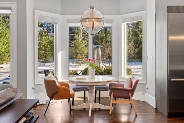 Dining room, Interior, Pendant Lights, Wood Texture Flooring