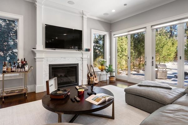 Fireplace, Interior, Living room, Recessed Lighting, Wood Texture Flooring