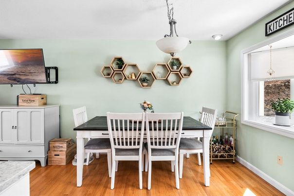 Dining room, Interior, Pendant Lights, Wood Texture Flooring