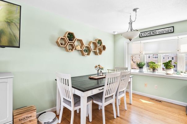 Dining room, Interior, Pendant Lights, Wood Texture Flooring
