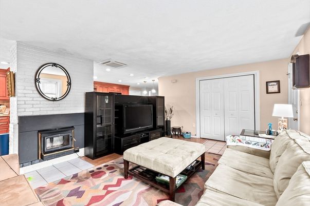 Fireplace, Interior, Living room, Recessed Lighting, Stone Walls
