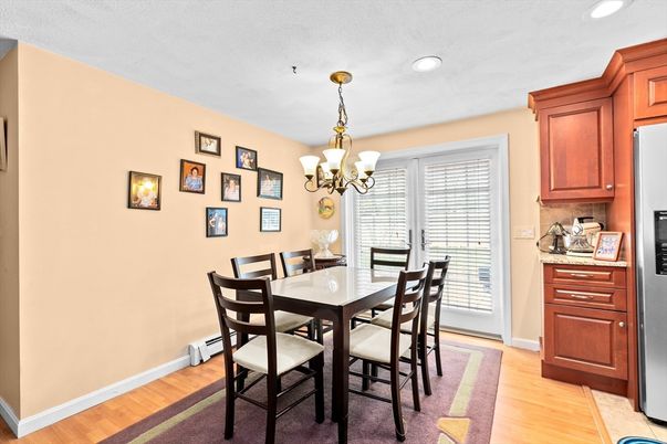 Chandelier, Dining room, Interior, Recessed Lighting, Wood Texture Flooring