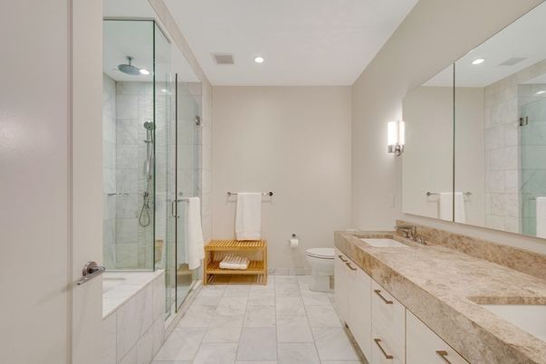 Bathroom, Dual Sink Vanities, Glass Shower, Interior, Marble, Recessed Lighting