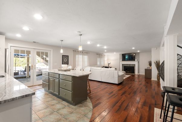 Fireplace, Interior, Kitchen, Living room, Pendant Lights, Recessed Lighting, Wood Texture Flooring