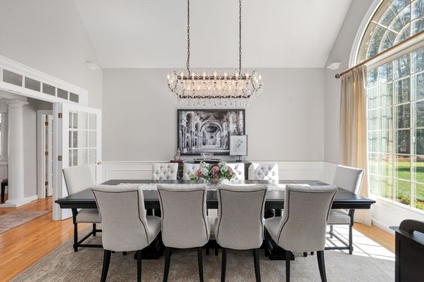 Chandelier, Dining room, Interior, Wood Texture Flooring
