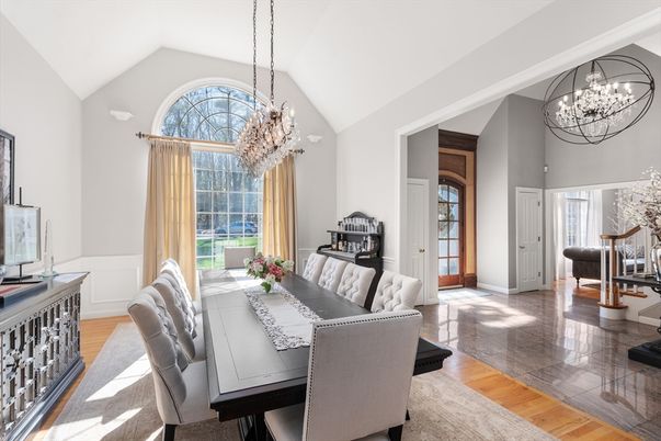 Chandelier, Dining room, Interior, Pendant Lights, Wood Texture Flooring