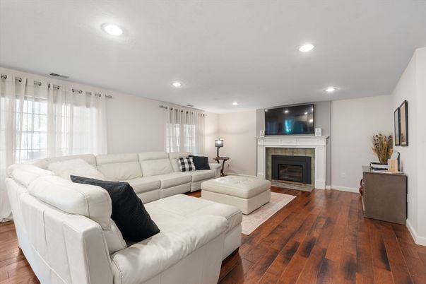 Fireplace, Interior, Living room, Recessed Lighting, Wood Texture Flooring