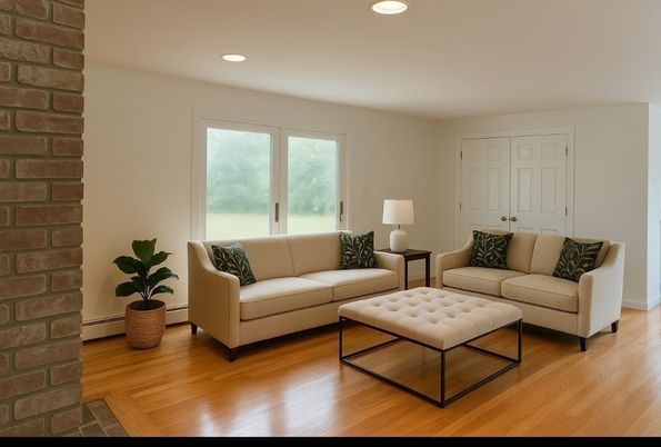Interior, Living room, Recessed Lighting, Stone Walls, Wood Texture Flooring