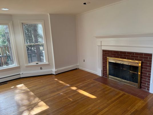Empty room, Fireplace, Interior, Recessed Lighting, Wood Texture Flooring