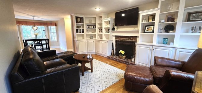 Dining room, Fireplace, Interior, Living room, Pendant Lights, Wood Texture Flooring