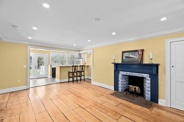 Empty room, Fireplace, Interior, Recessed Lighting, Wood Texture Flooring