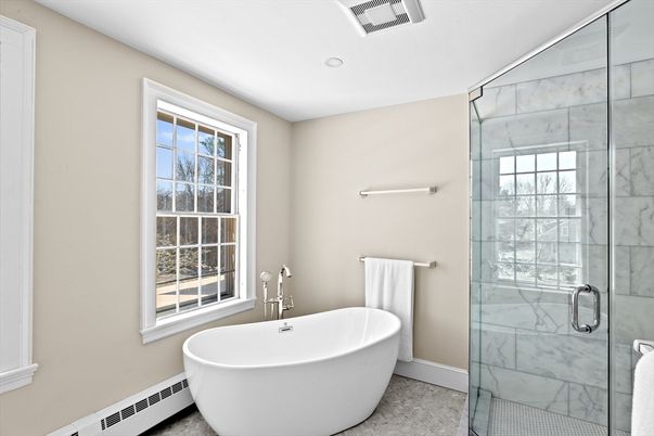 Bathroom, Free Standing Baths, Glass Shower, Interior, Marble Walls, Recessed Lighting
