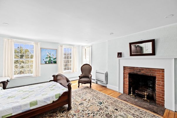 Bedroom, Fireplace, Interior, Recessed Lighting, Wood Texture Flooring