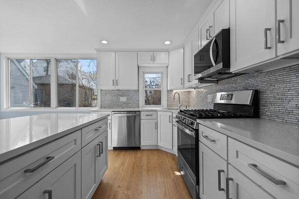 Interior, Kitchen, Recessed Lighting, Stainless Steel Appliances, Wood Texture Flooring
