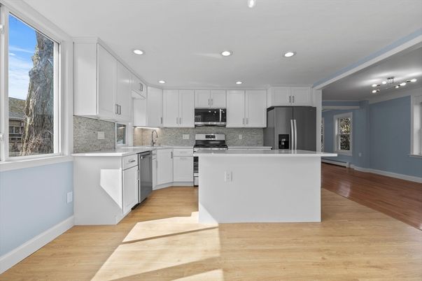 Interior, Kitchen, Recessed Lighting, Stainless Steel Appliances, Wood Texture Flooring