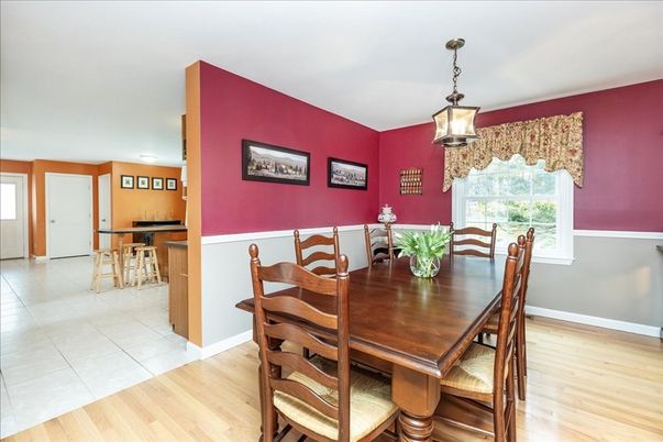 Dining room, Interior, Pendant Lights, Wood Texture Flooring
