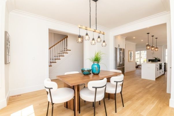 Dining room, Interior, Kitchen, Pendant Lights, Recessed Lighting, Stainless Steel Appliances, Wood Texture Flooring